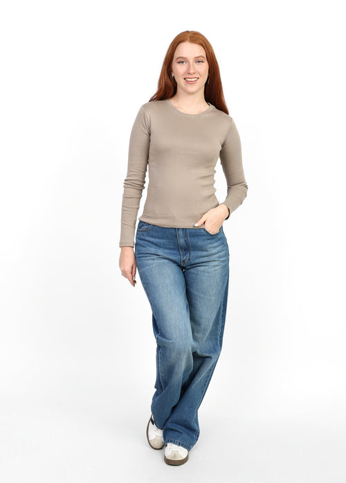 Crewneck Long Sleeve Top - Light Beige