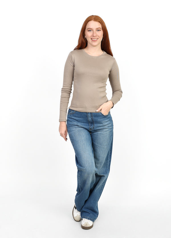 Crewneck Long Sleeve Top - Light Beige