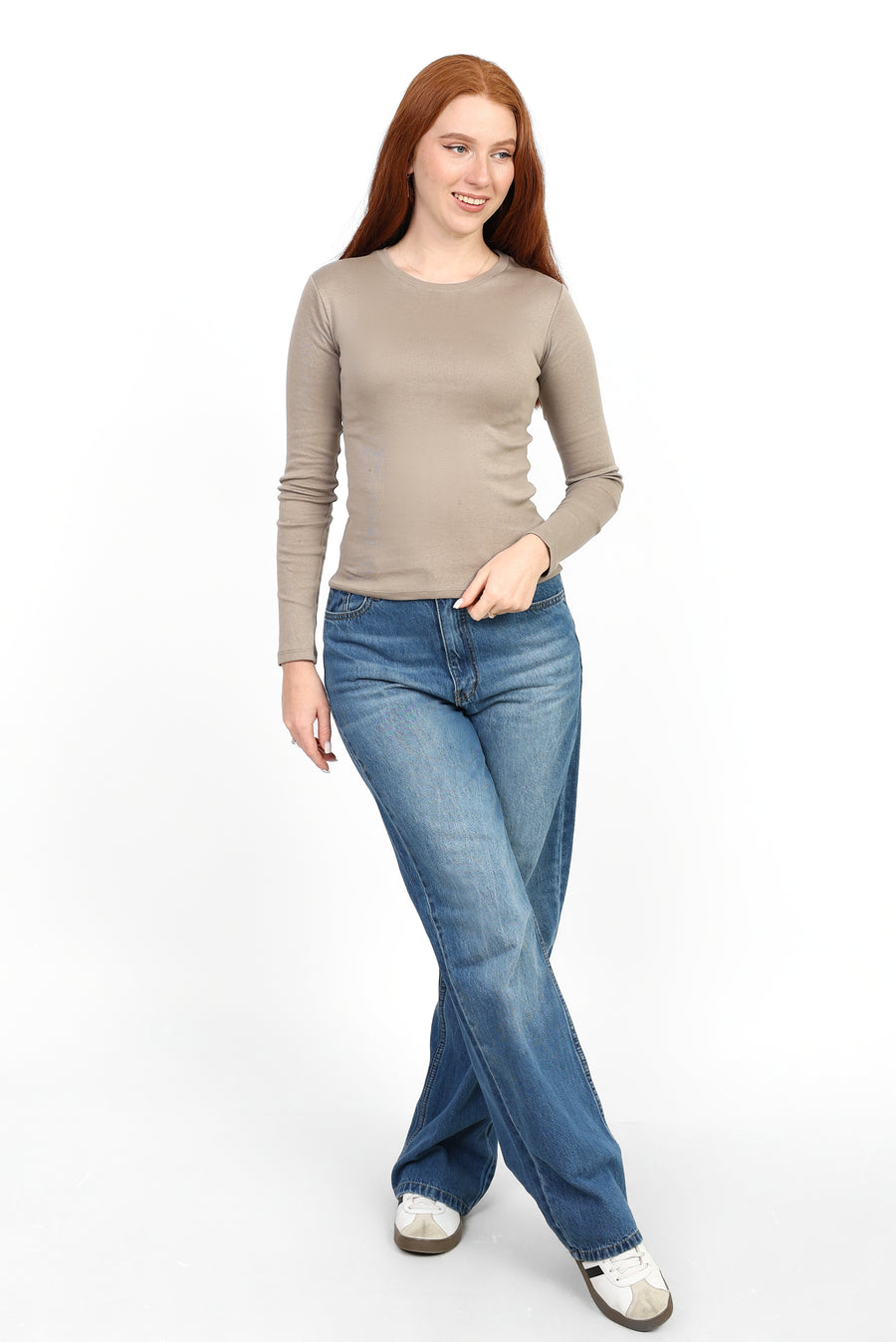 Crewneck Long Sleeve Top - Light Beige