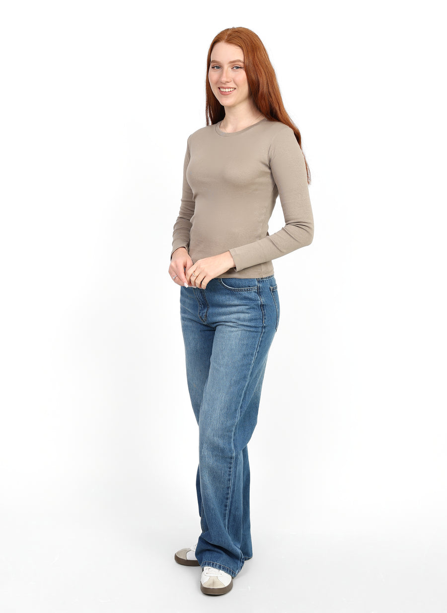 Crewneck Long Sleeve Top - Light Beige