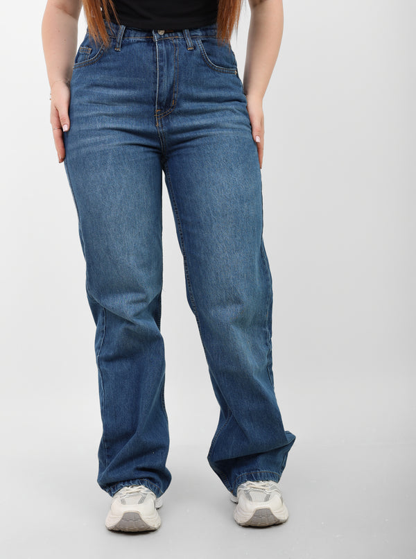 Dark Blue High-Waist Straight Leg Denim
