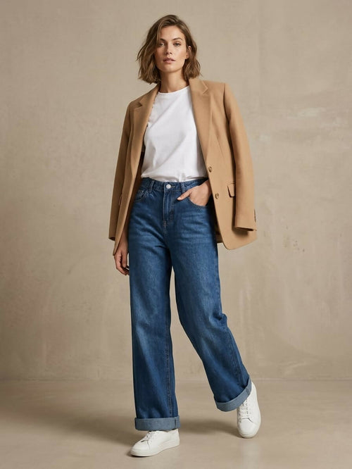 Roll-Up Wide-Leg Denim Jeans