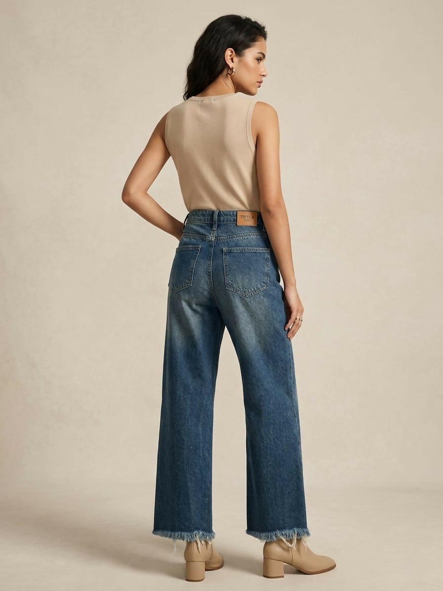 Vintage Wash Frayed Hem Straight-Leg Jeans