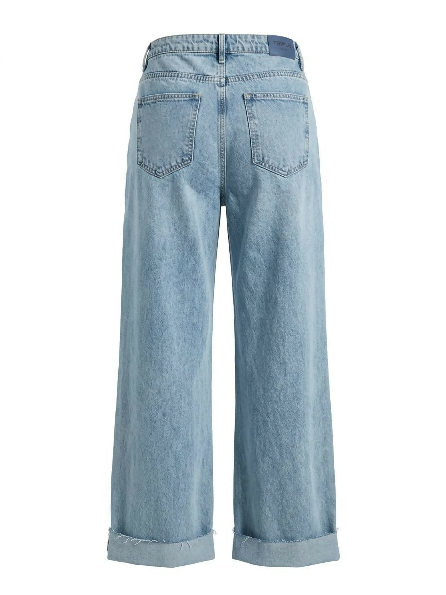 Light Wash Cuffed Wide-Leg Denim Jeans