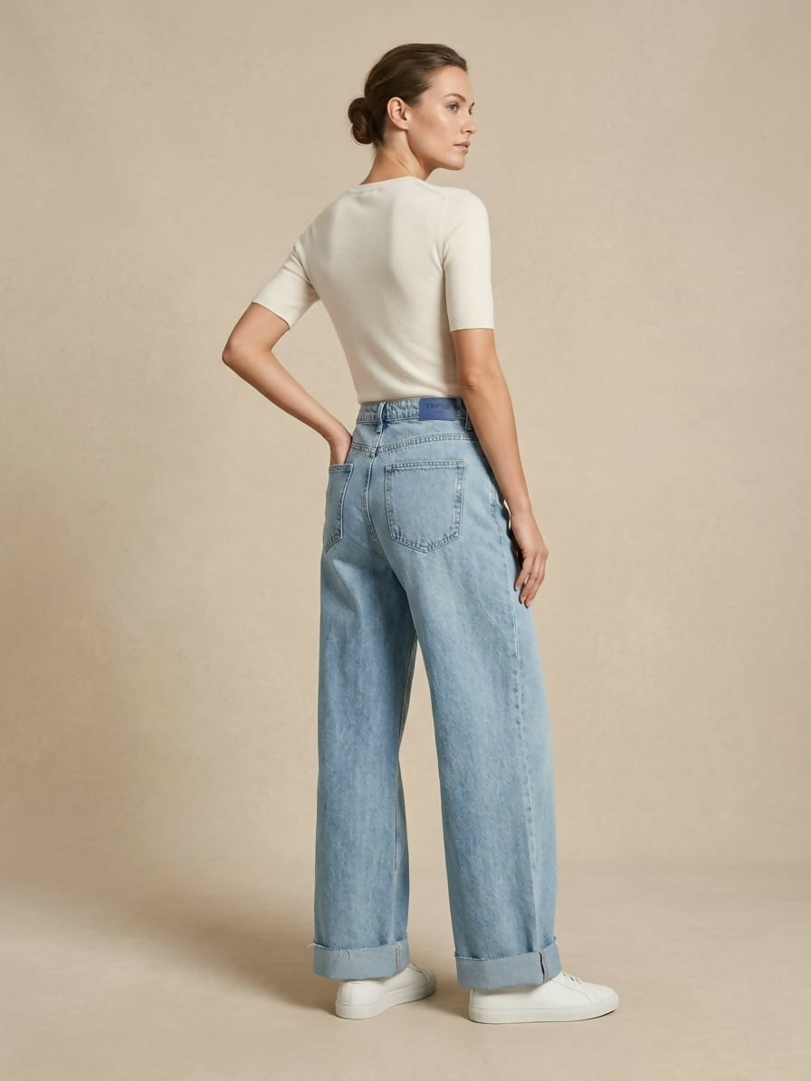 Light Wash Cuffed Wide-Leg Denim Jeans