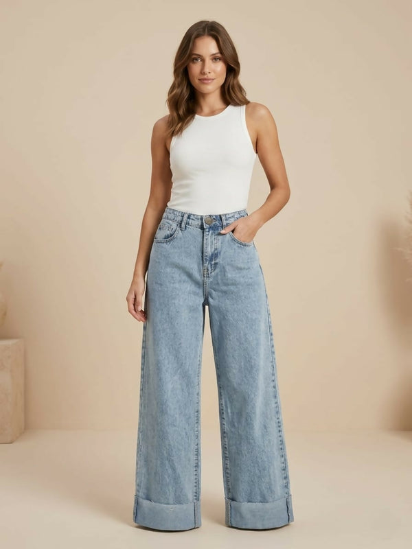 Light Wash Cuffed Wide-Leg Denim Jeans