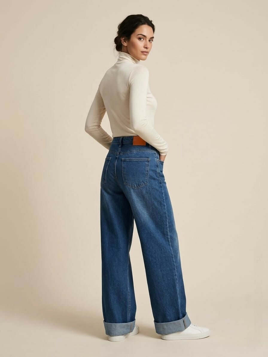 Roll-Up Wide-Leg Denim Jeans