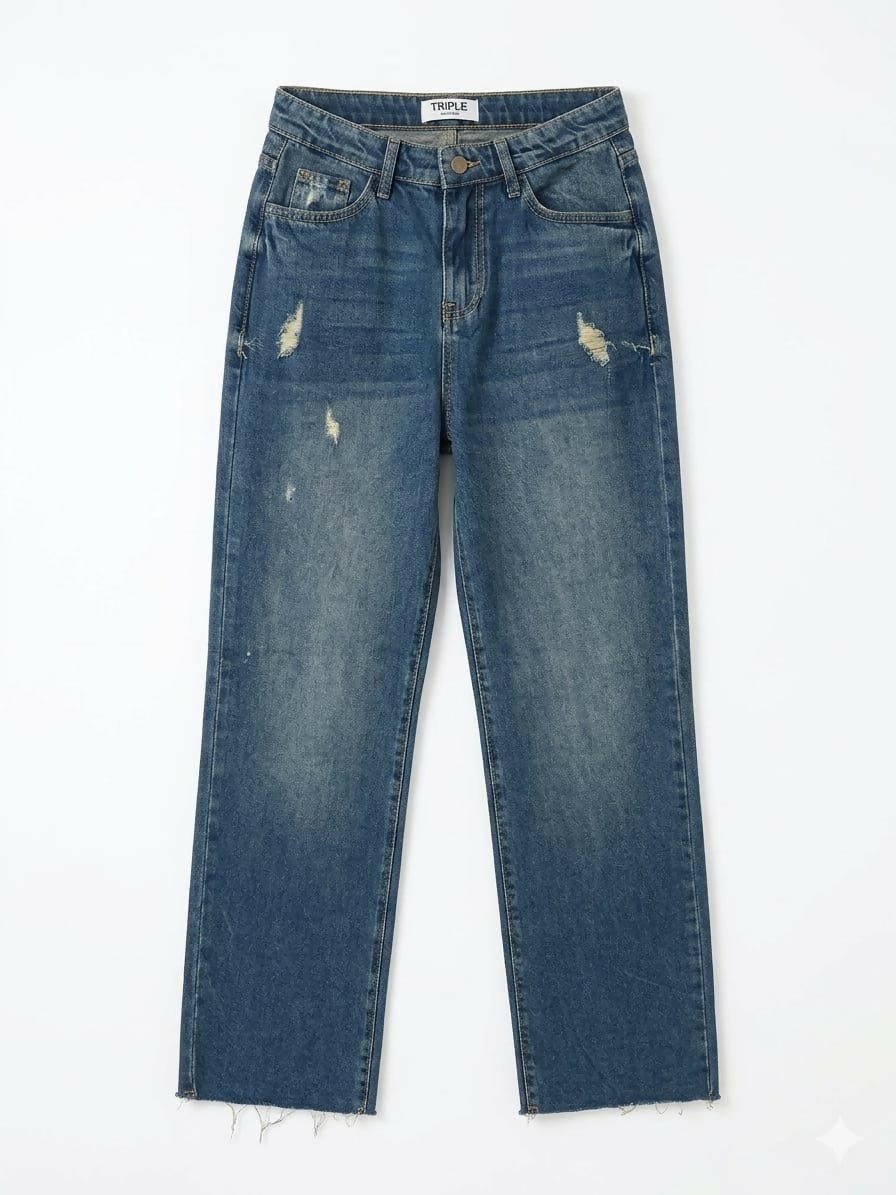 Vintage Wash Frayed Hem Straight-Leg Jeans