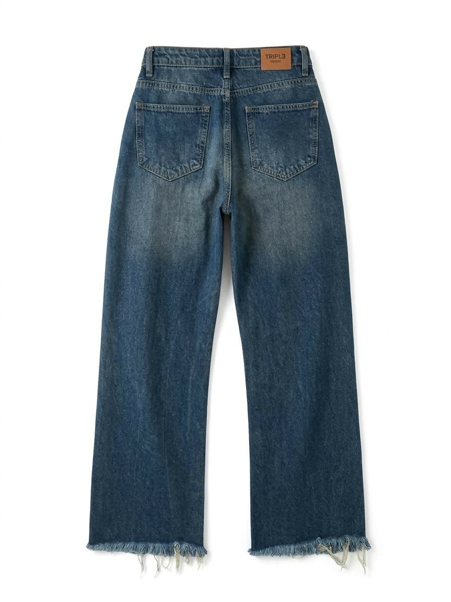 Vintage Wash Frayed Hem Straight-Leg Jeans