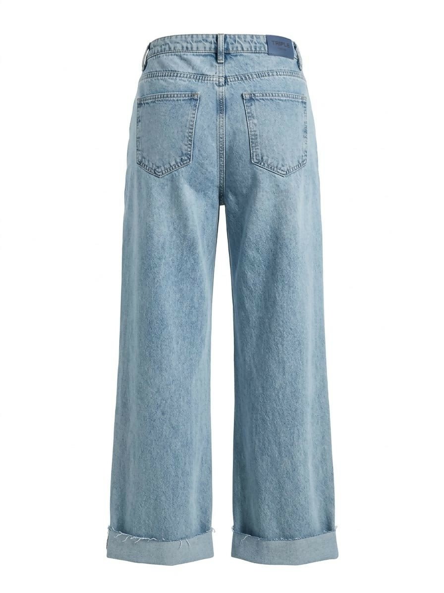 Light Wash Cuffed Wide-Leg Denim Jeans